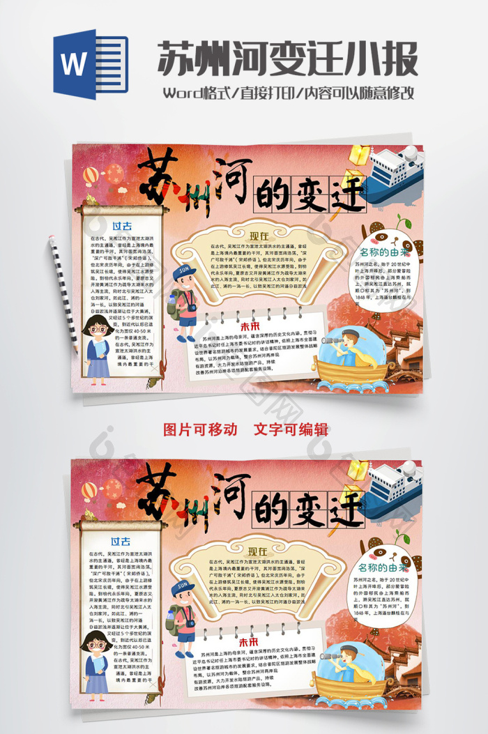 中国风苏州河的变迁小报手抄报word模板