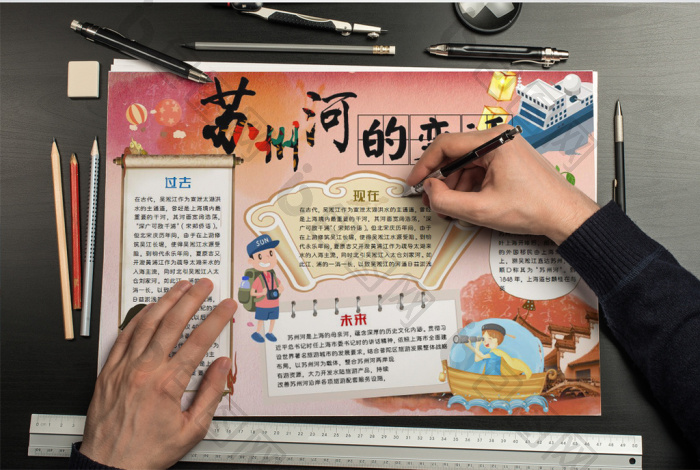 中国风苏州河的变迁小报手抄报word模板