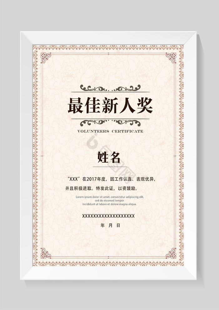 最佳新人奖荣誉证书