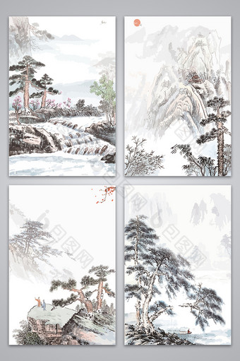 中国风山峰手绘背景图图片