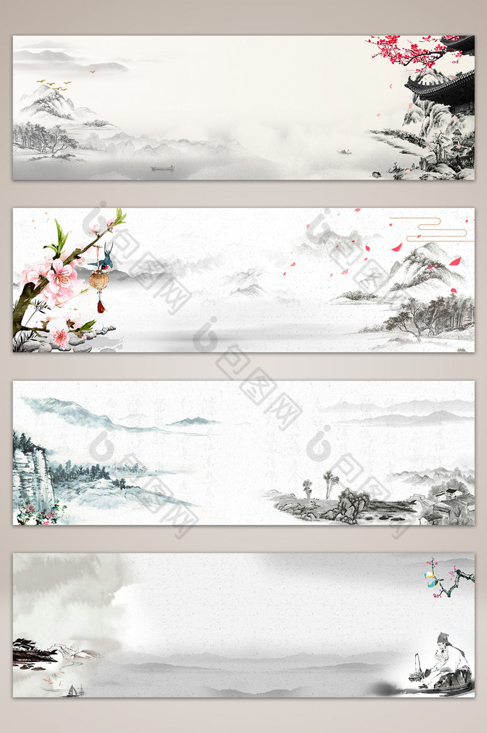 红色点缀山水banner海报背景