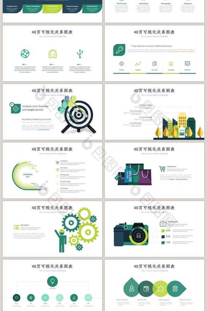 40页沉稳绿色关系信息可视化ppt图表