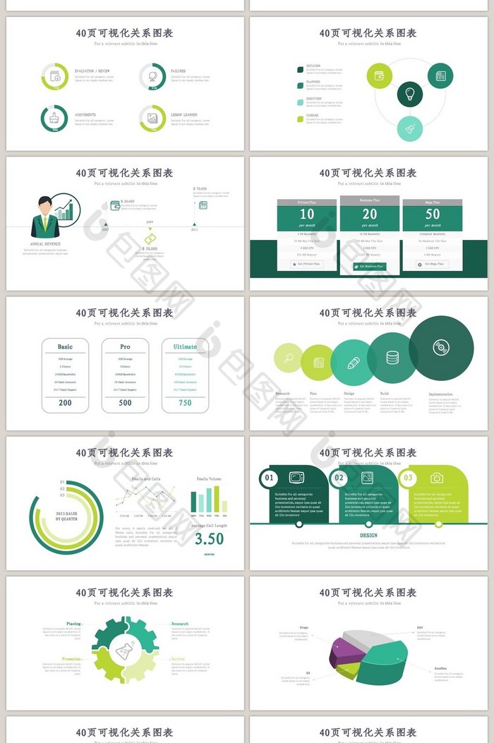 40页沉稳绿色关系信息可视化ppt图表