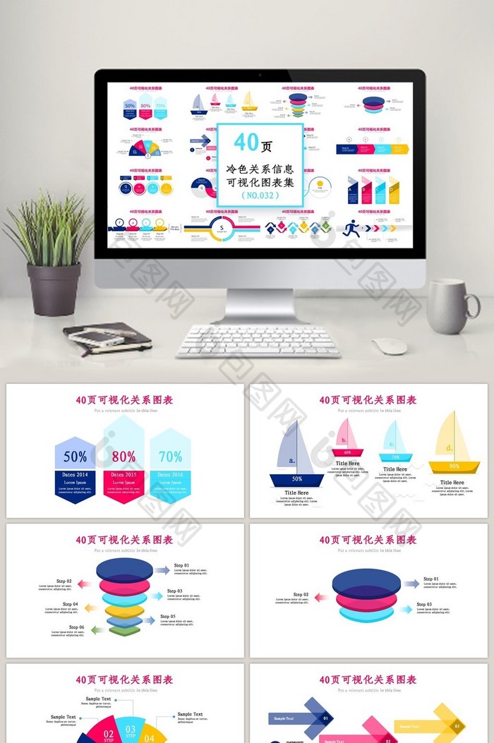 40页四色关系信息可视化ppt图表