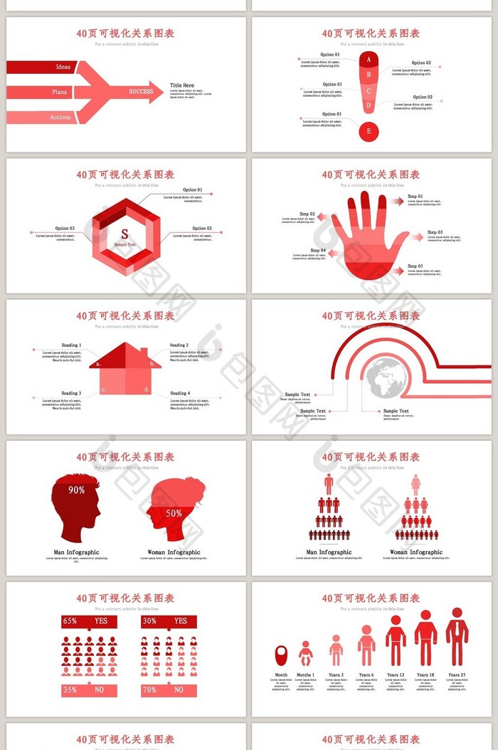 40页红色大气关系信息可视化ppt图表