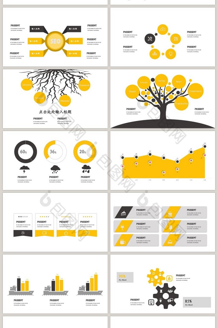 40页黄黑可视化图表集PPT模板