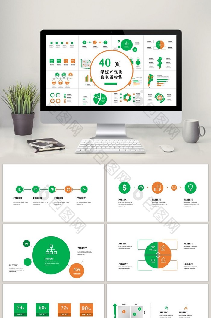 40页绿橙可视化图表集PPT模板