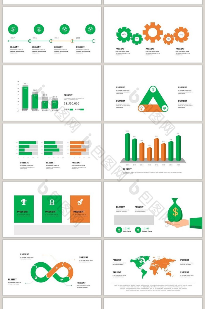 40页绿橙可视化图表集PPT模板