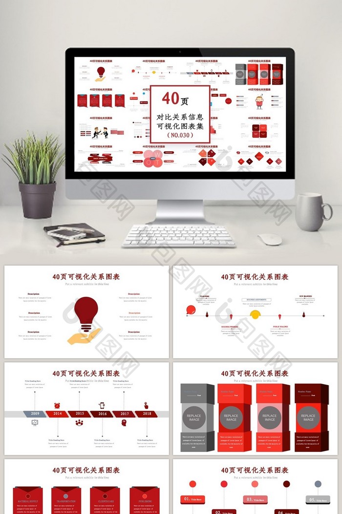 40页红色对比关系信息可视化ppt图表