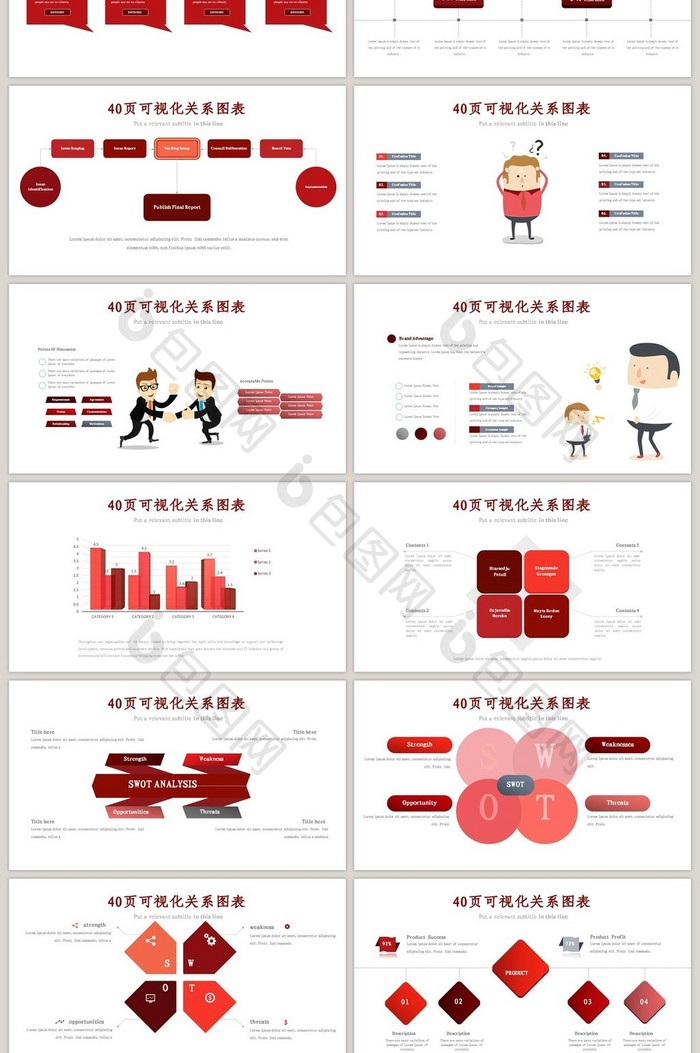40页红色对比关系信息可视化ppt图表