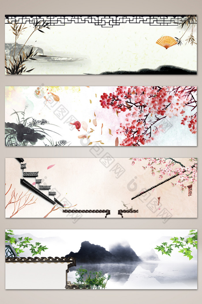 手绘中国风春季风景banner海报背景