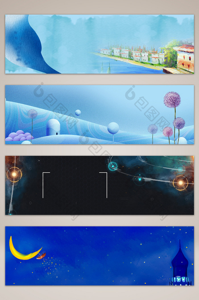 蓝色手绘星空卡通banner海报背景