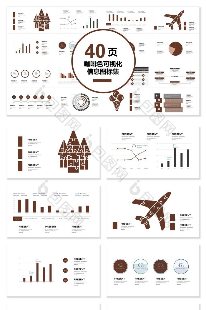 40页咖啡色信息可视化图表集PPT模板