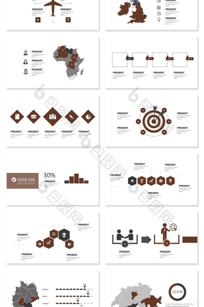 40页咖啡色信息可视化图表集PPT模板