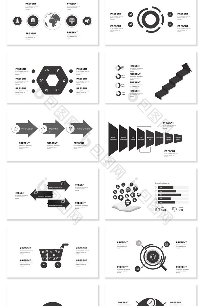 40页灰色微粒体信息可视化图表集PPT模