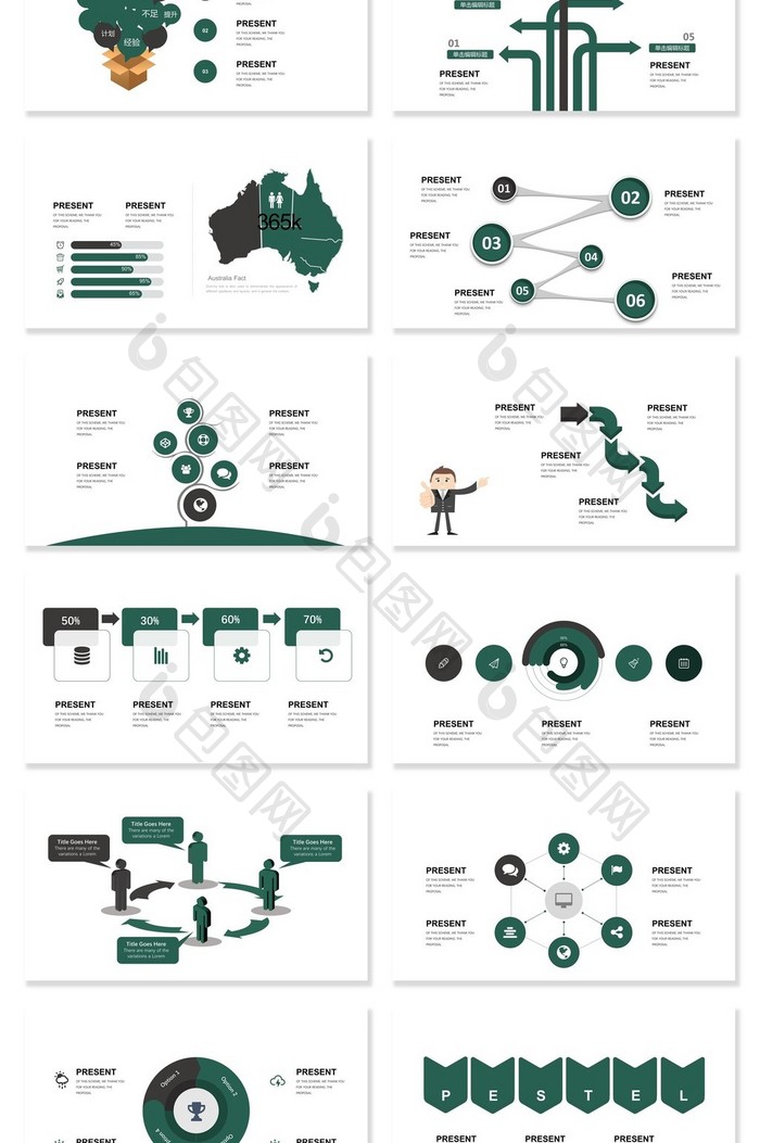 40页绿色微粒体信息可视化图表集PPT模
