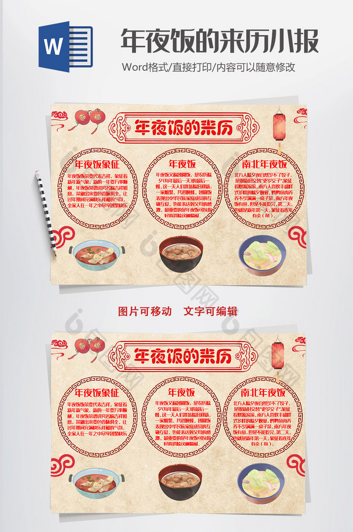 喜庆红色年夜饭的来历小报word模板