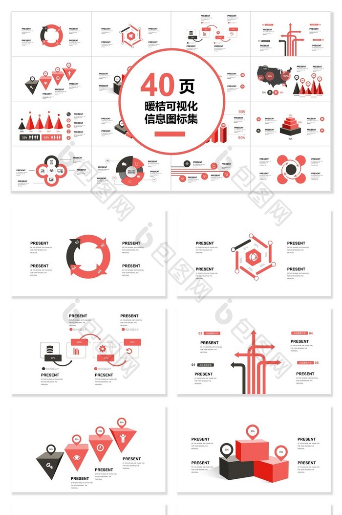 40页暖桔风可视化图表集PPT模板