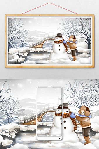 白色冬日堆雪人插画图片