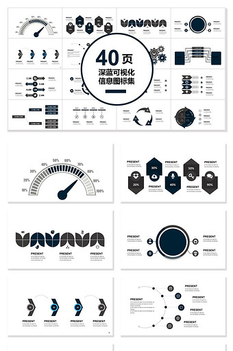 40页深蓝可视化图表集PPT模板图片