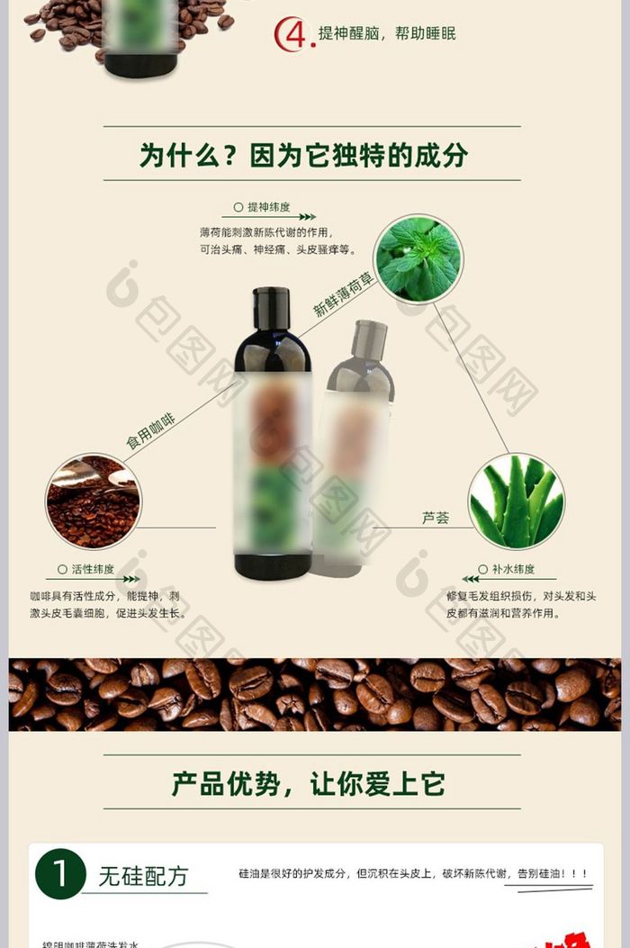 简约大气咖啡薄荷洗发水护发美发产品详情页