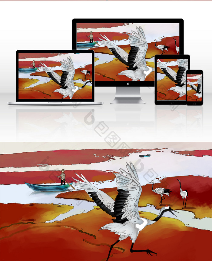 红色湿地动物丹顶鹤插画