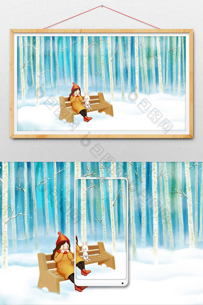 蓝色冬天雪天白桦林里的女孩插画