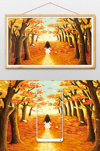 橙色秋天落叶奔跑的女孩图片