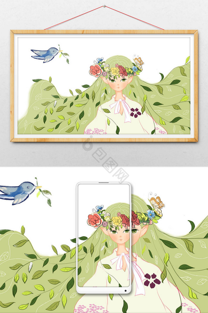 戴着花环的美丽的春姑娘