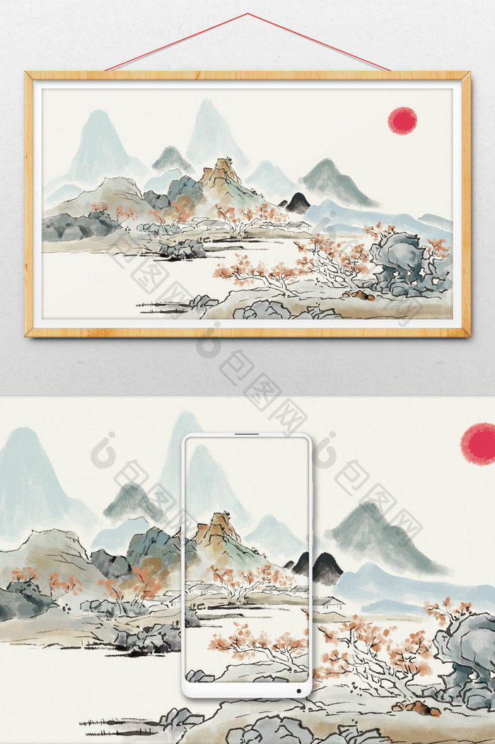 黄灰色中国风山水国画插画