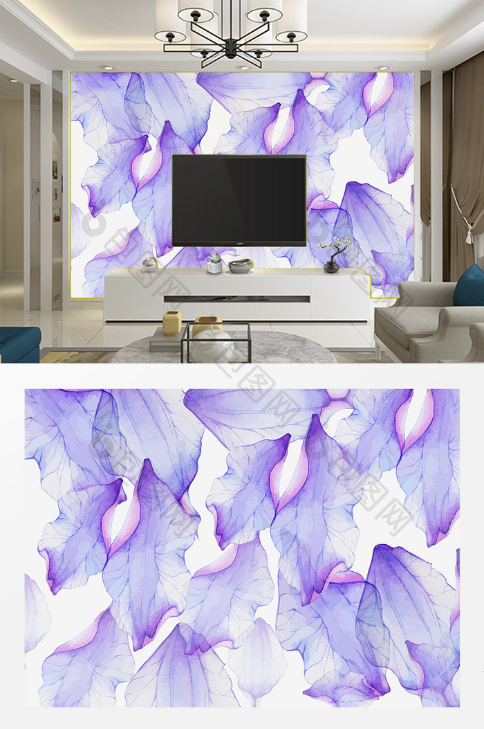 现代简约紫色叶子大气电视背景墙