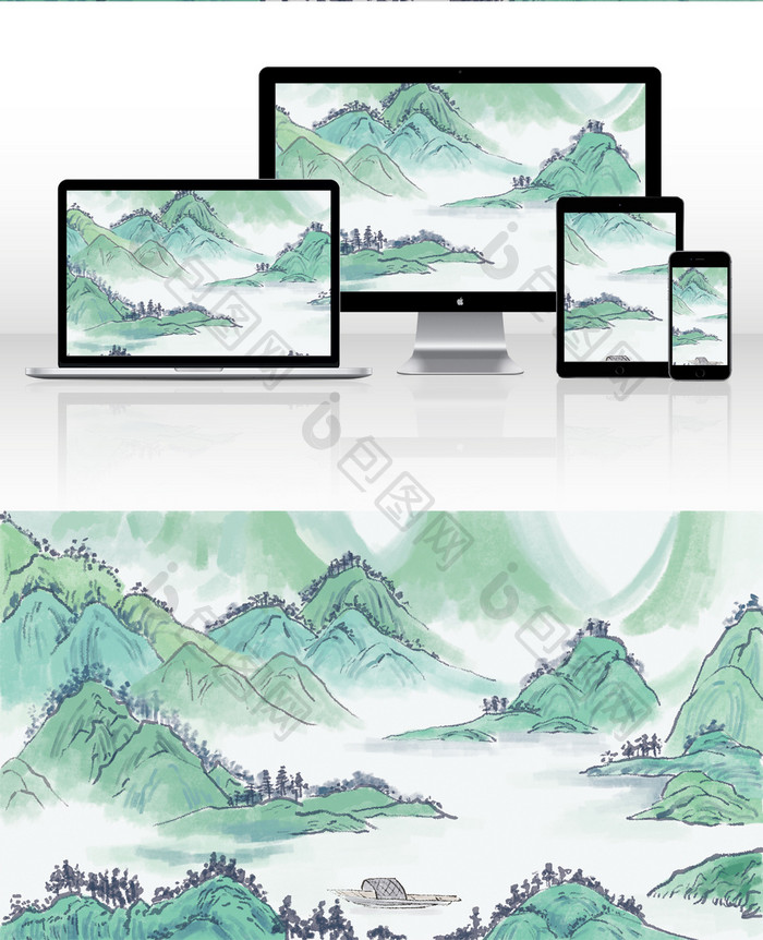 绿色中国风山水河流插画