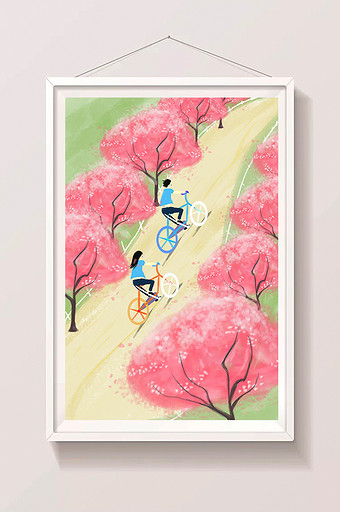 粉色浪漫樱花旅游骑行春游插画图片