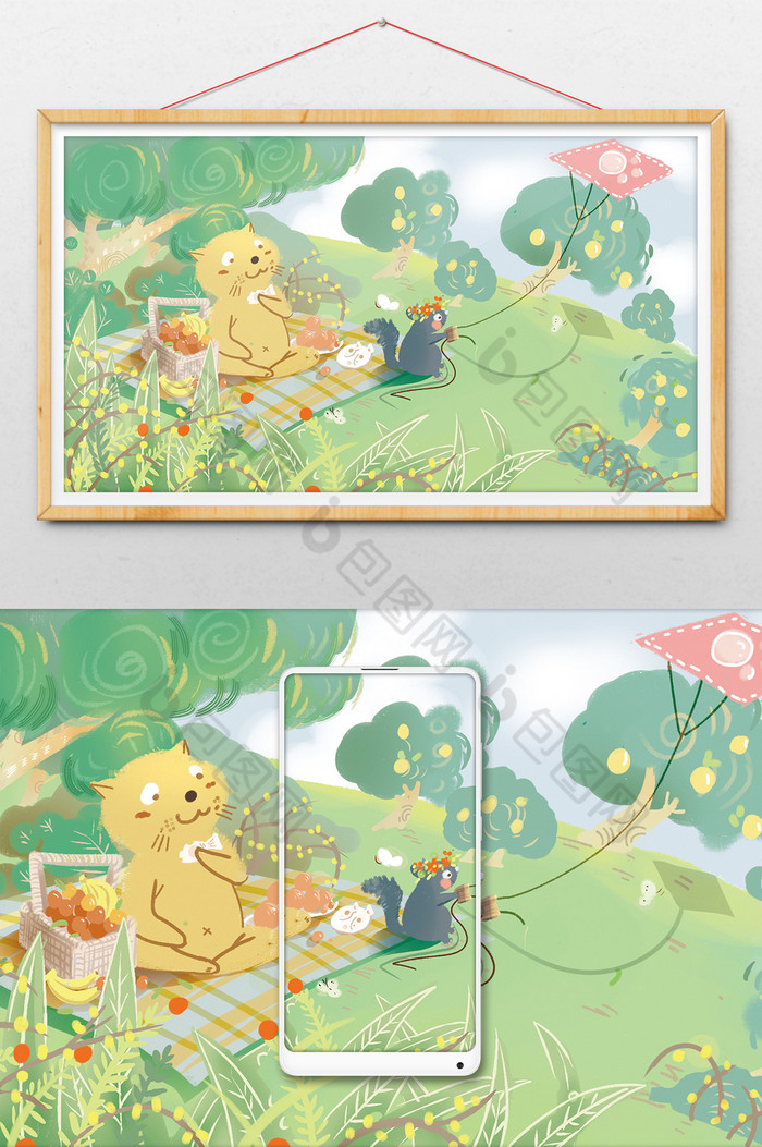 旅游野餐动物春游春天插画图片