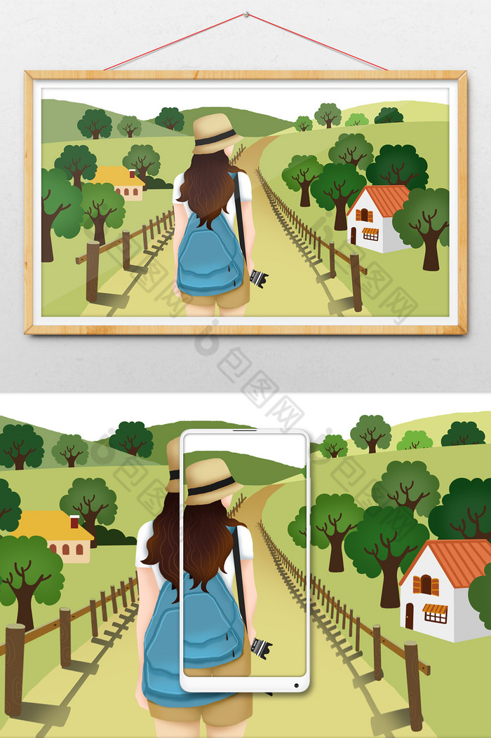 春天踏青旅行风景人物插画