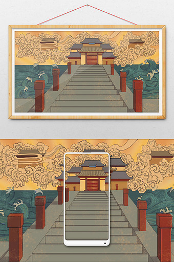 暖色调中国风古建筑插画图片