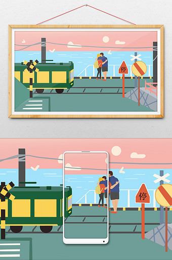 日本旅游火车海边风景插画图片