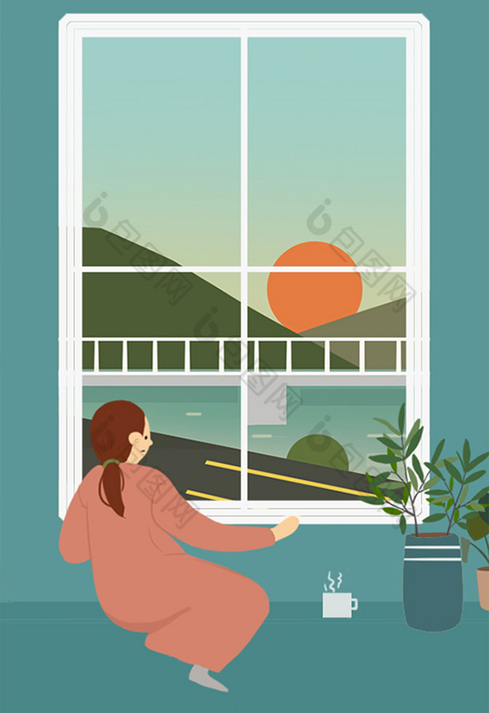 少女窗边赏景插画图片
