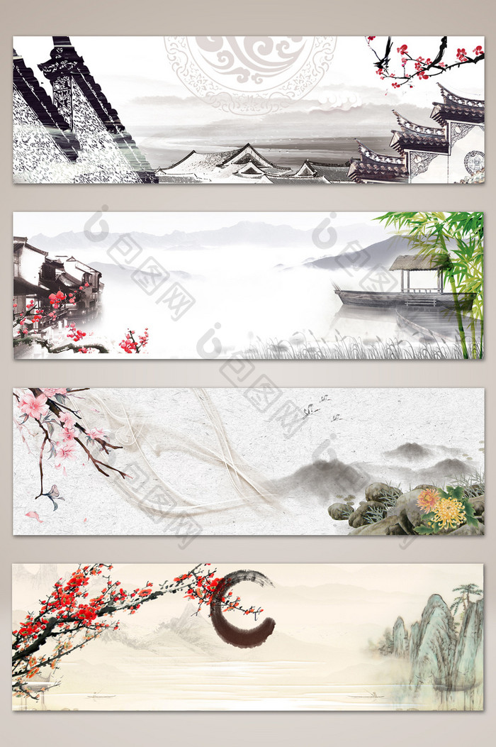 手绘中国风建筑山水banner海报背景