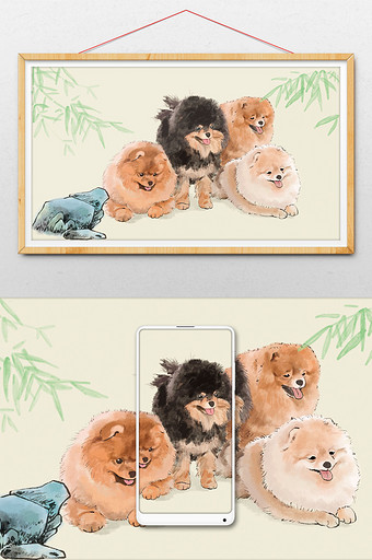 黄灰色中国风国画宠物博美犬四只图片