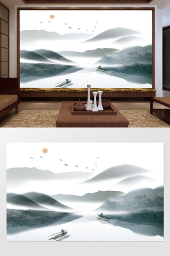 新中式水墨风格山水装饰客厅电视背景墙图片
