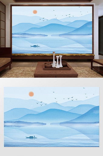 清新蓝色中国风中式山水画客厅电视背景墙图片