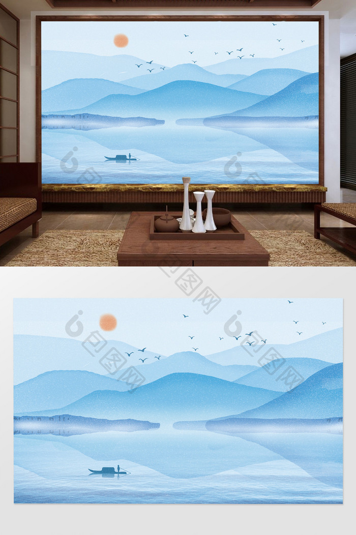 清新蓝色中国风中式山水画客厅电视背景墙