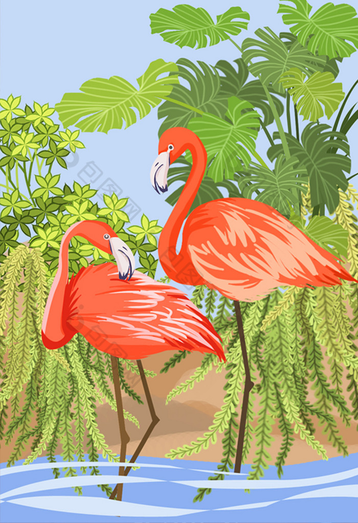 ins风火烈鸟植物插画图片