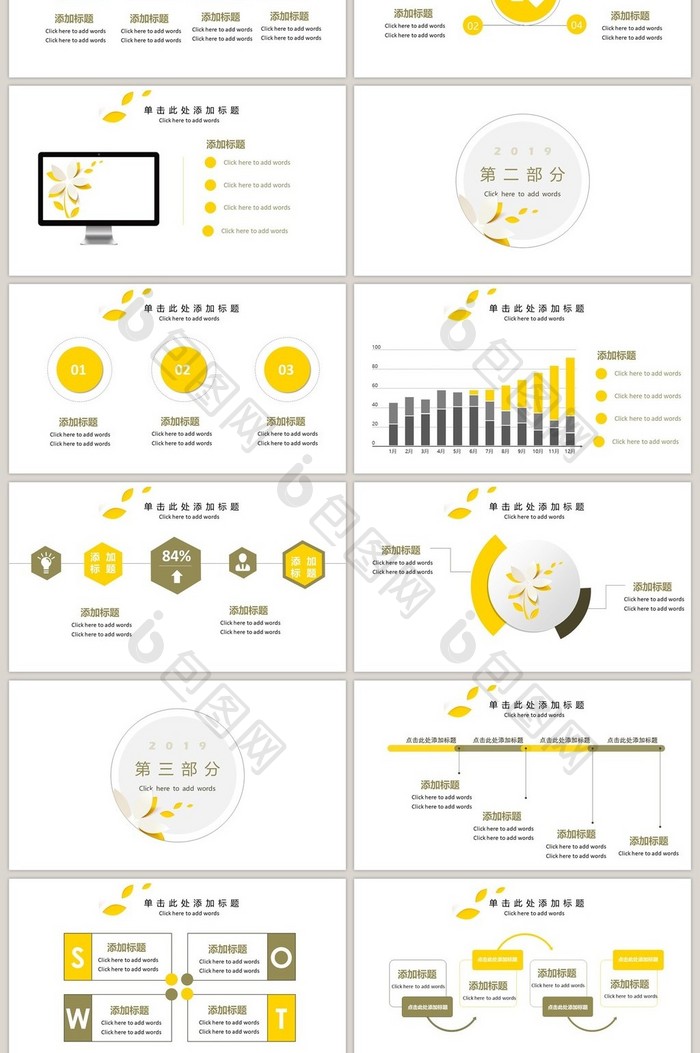 亮黄色简约文艺小清新花卉PPT模板