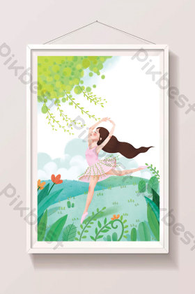 春天女孩舞蹈插画图片
