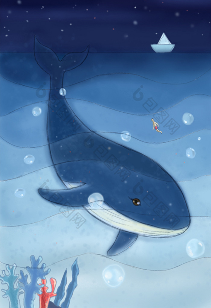 深蓝色治愈系海洋蓝鲸插画