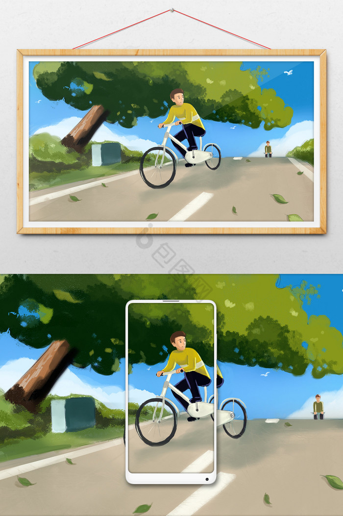 蓝春季骑行运动插画图片