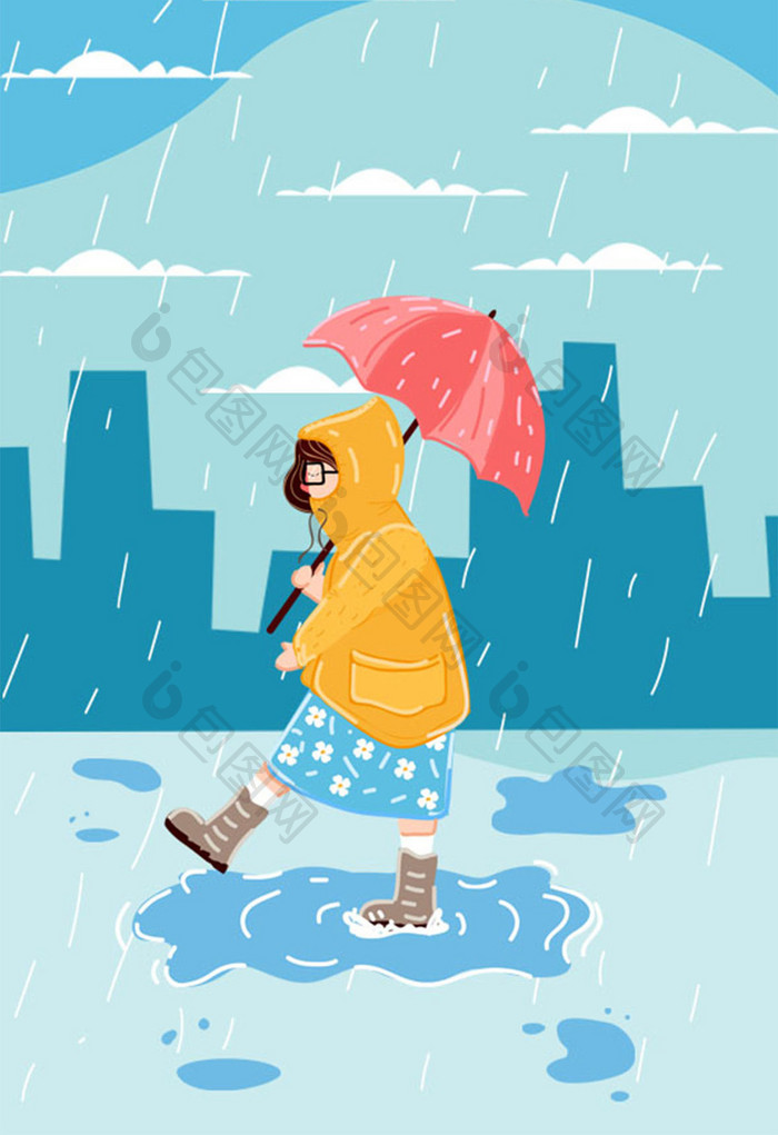 小清新卡通在雨季漫步得小女孩手绘插画