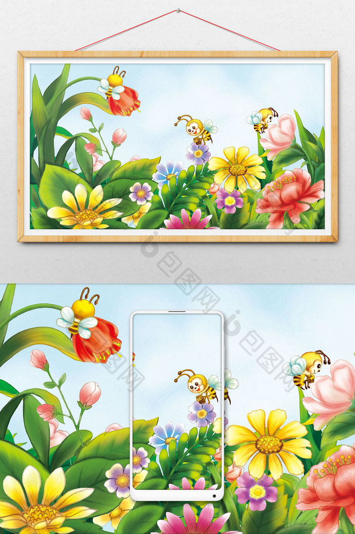 儿童画蜜蜂采蜜花朵图片